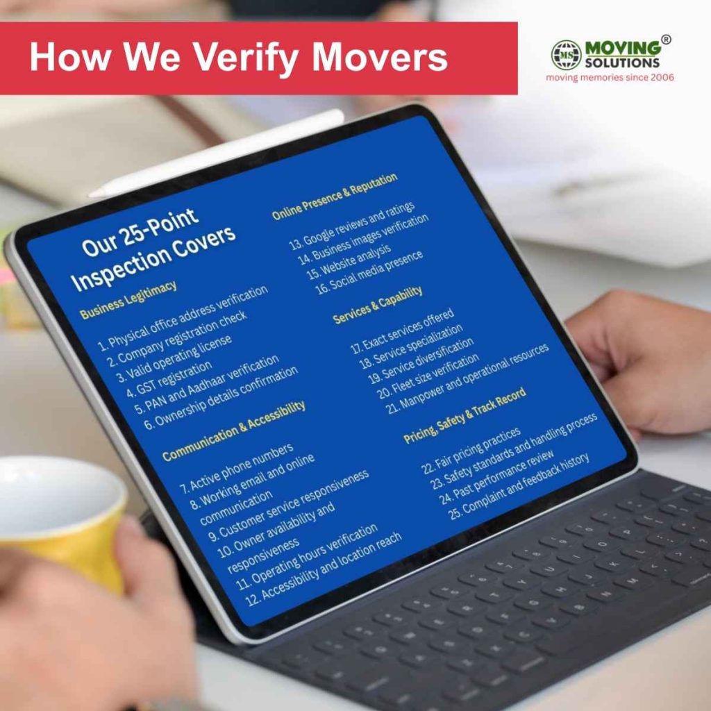 Moving Solutions 25-point mover verification checklist infographic.
